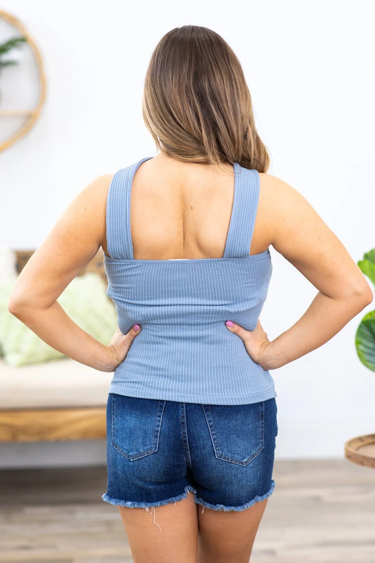 Dusty Blue Rib Knit Halter Tank With Cutout