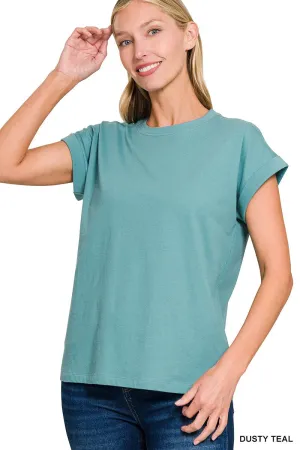 Dusty Teal Cotton Rolled Sleeve Top
