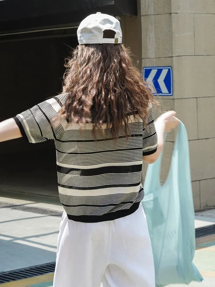 [EAM] Women Black Striped Knitting Soft Elegant T-shirt New Round Neck Half Sleeve Fashion Tide Spring Summer 2024 1DF9895Striped Knitting Soft Elegant T-shirt Half Sleeve