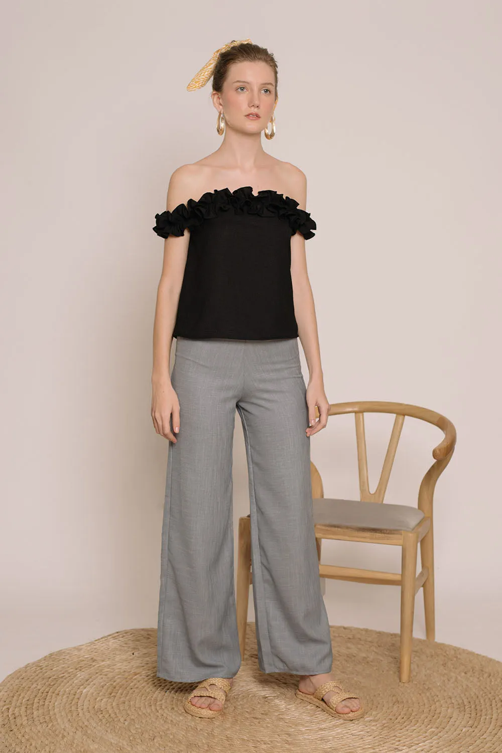 ELSA Ruffled Off Shoulder Top (Black Linen)