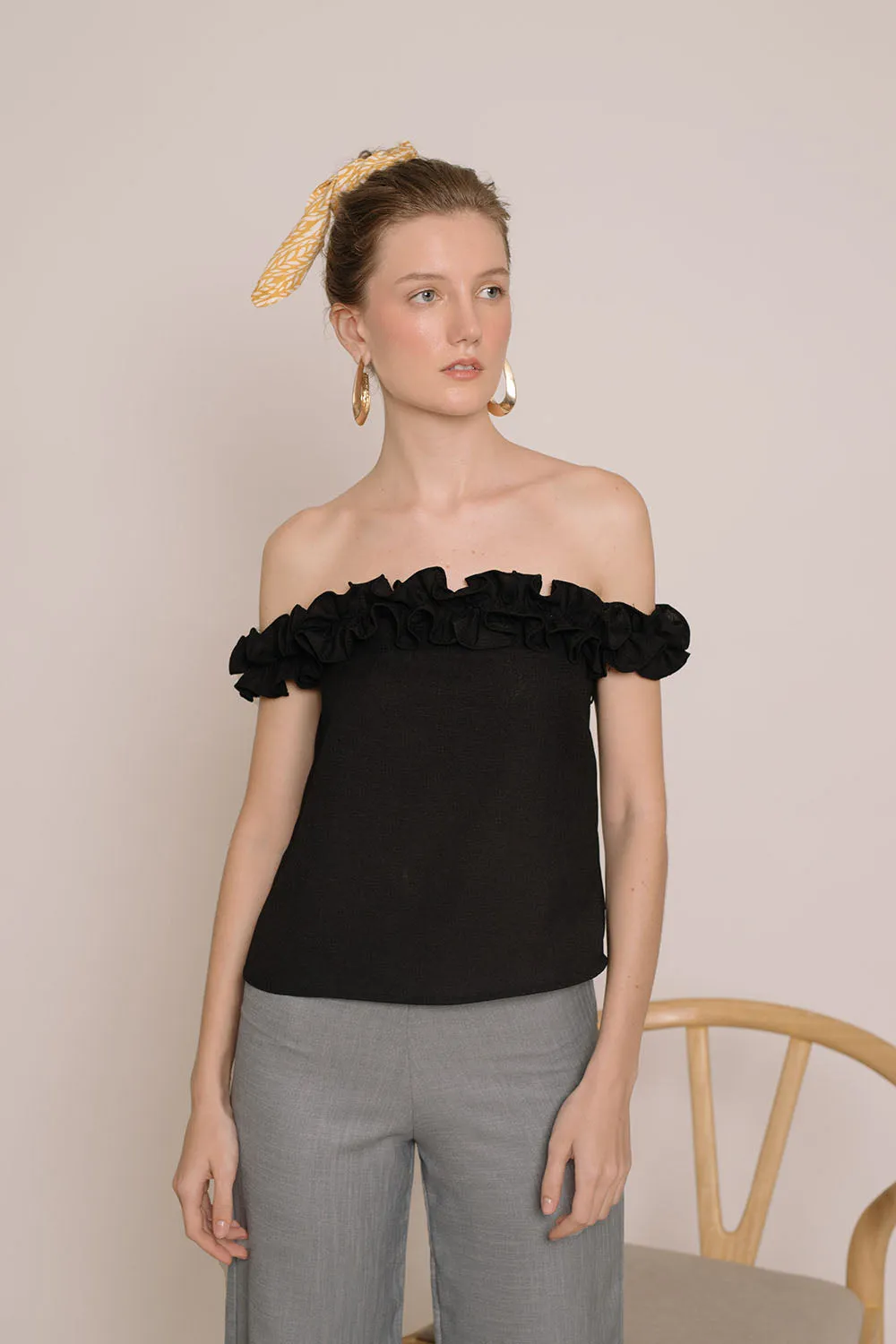 ELSA Ruffled Off Shoulder Top (Black Linen)