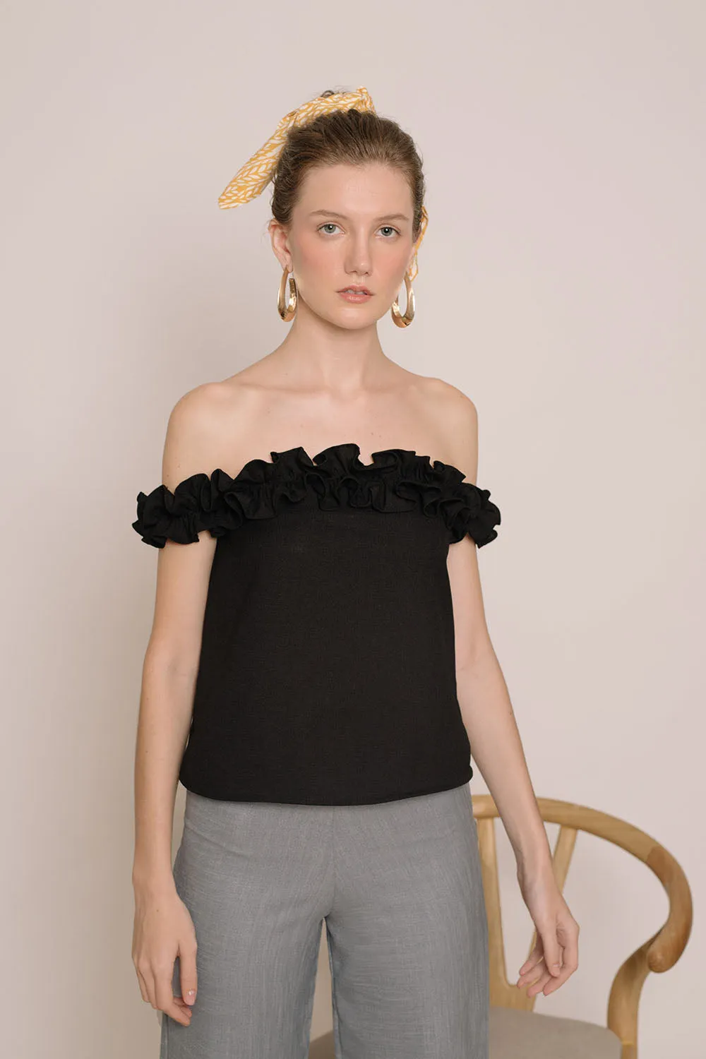 ELSA Ruffled Off Shoulder Top (Black Linen)