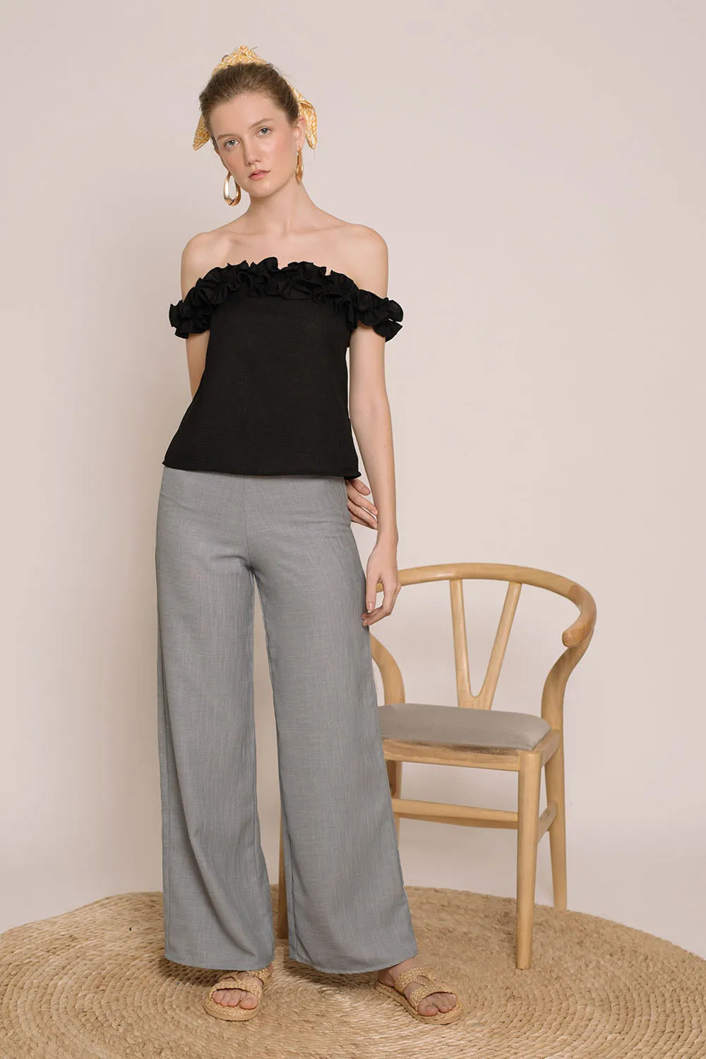 ELSA Ruffled Off Shoulder Top (Black Linen)