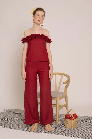 ELSA SET Ruffled Off Shoulder Top and Culottes (Maroon Crepe)