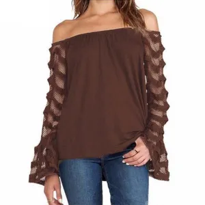 Fashion Women Blouses Off Shoulder Mesh Long Sleeve Shirts Oversized Tops Plus Size 5XL