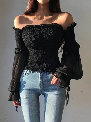 Fashion Women Long Sleeve Off Shoulder Bow Blouse
