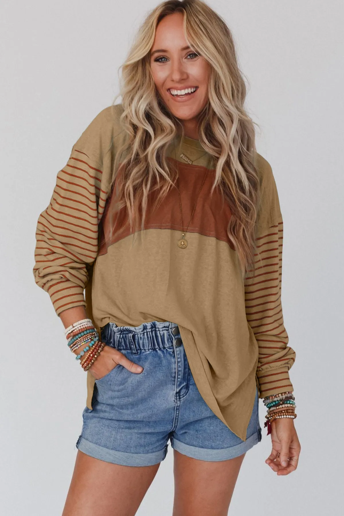 Flaxen Green Colorblock Striped Bishop Sleeve Top