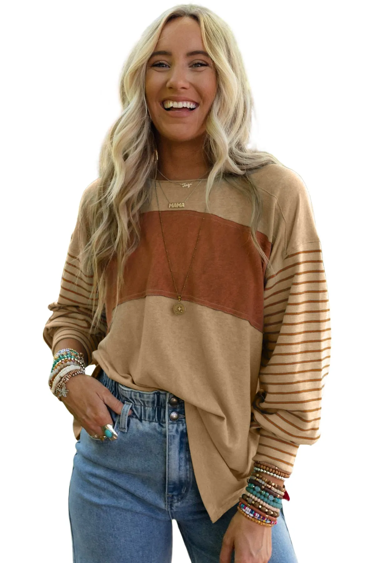 Flaxen Green Colorblock Striped Bishop Sleeve Top