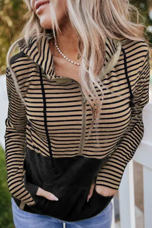 Flaxen Striped Color Block Patchwork Thumbhole Sleeve Hoodie
