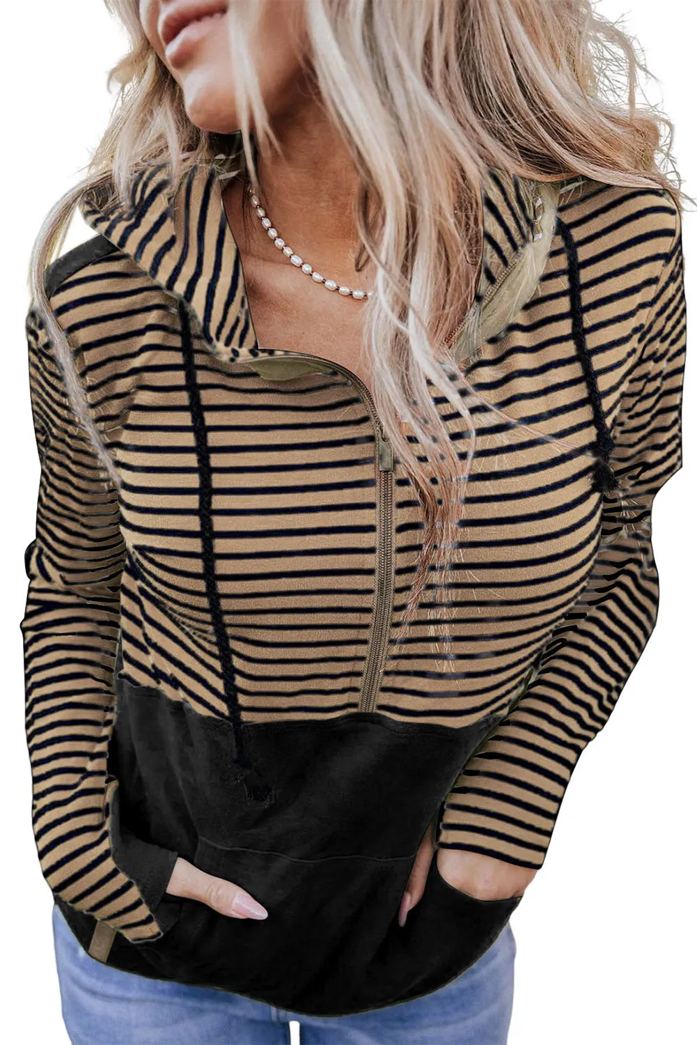 Flaxen Striped Color Block Patchwork Thumbhole Sleeve Hoodie