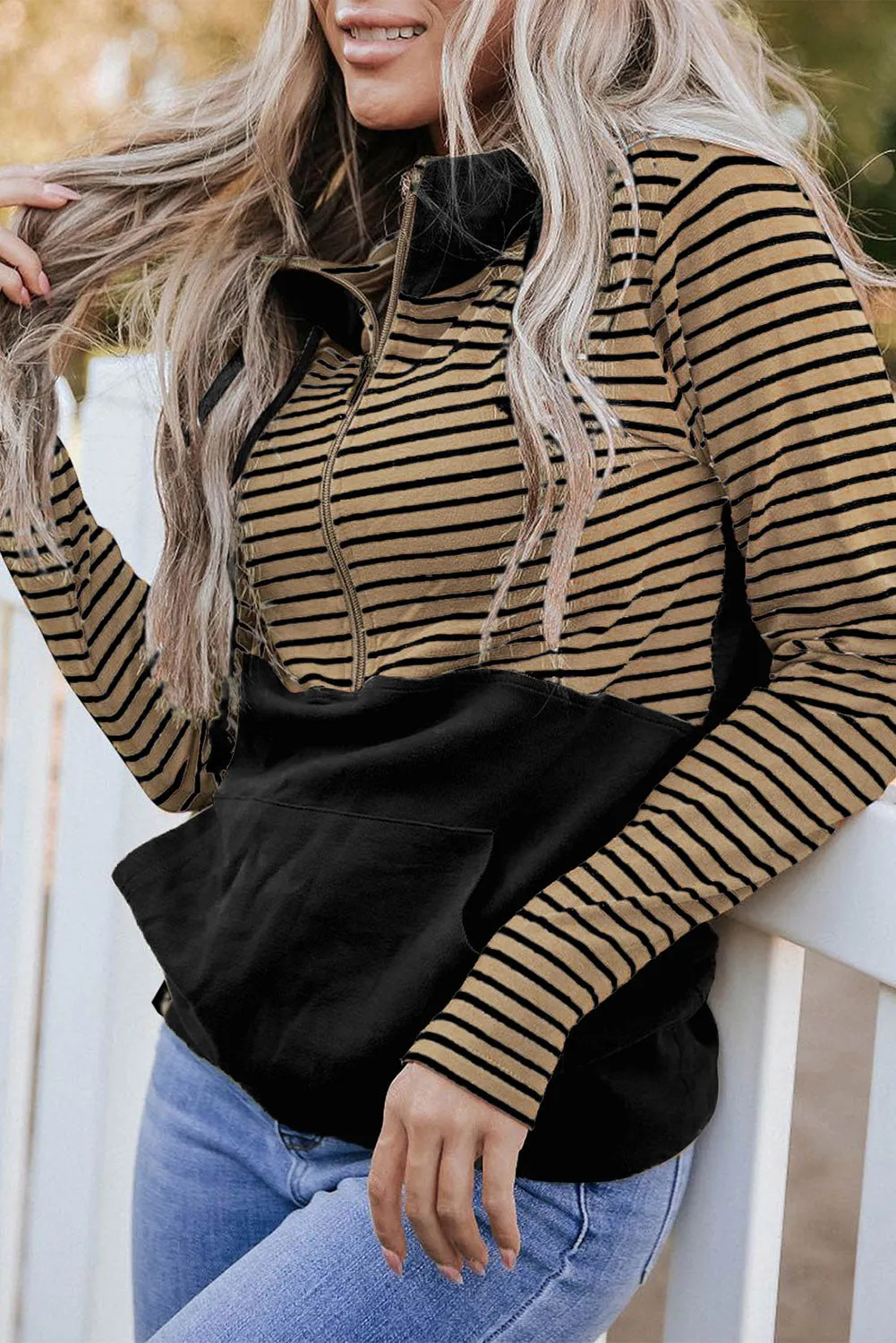 Flaxen Striped Color Block Patchwork Thumbhole Sleeve Hoodie