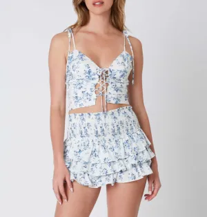 Floral Tie Strap Lace Up Crop Top