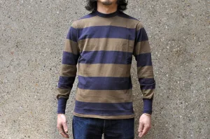 Freewheelers 6.5oz "Horizontal Striped" L/S Border Tee (Old Navy X Gray Khaki)