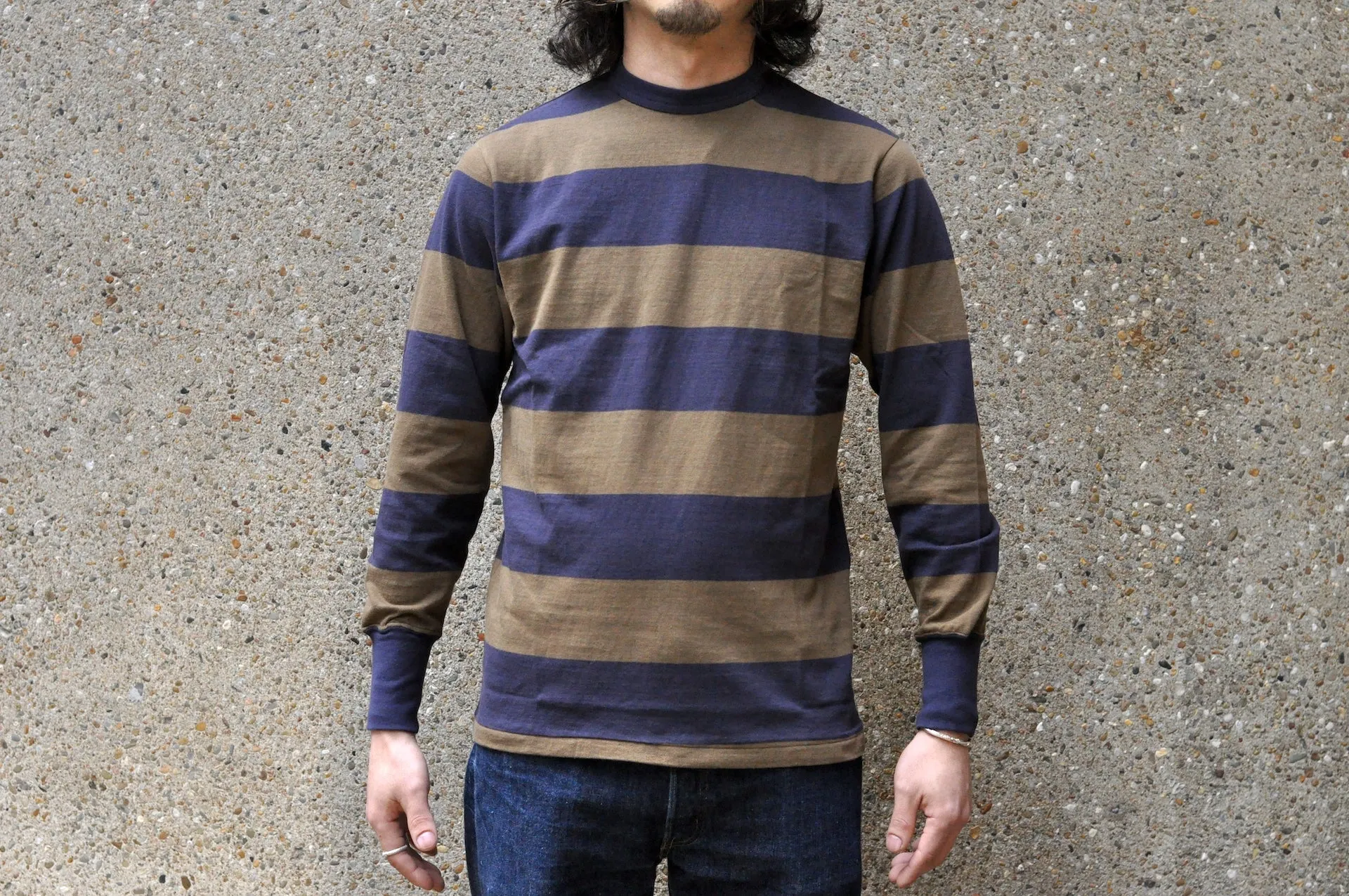 Freewheelers 6.5oz "Horizontal Striped" L/S Border Tee (Old Navy X Gray Khaki)