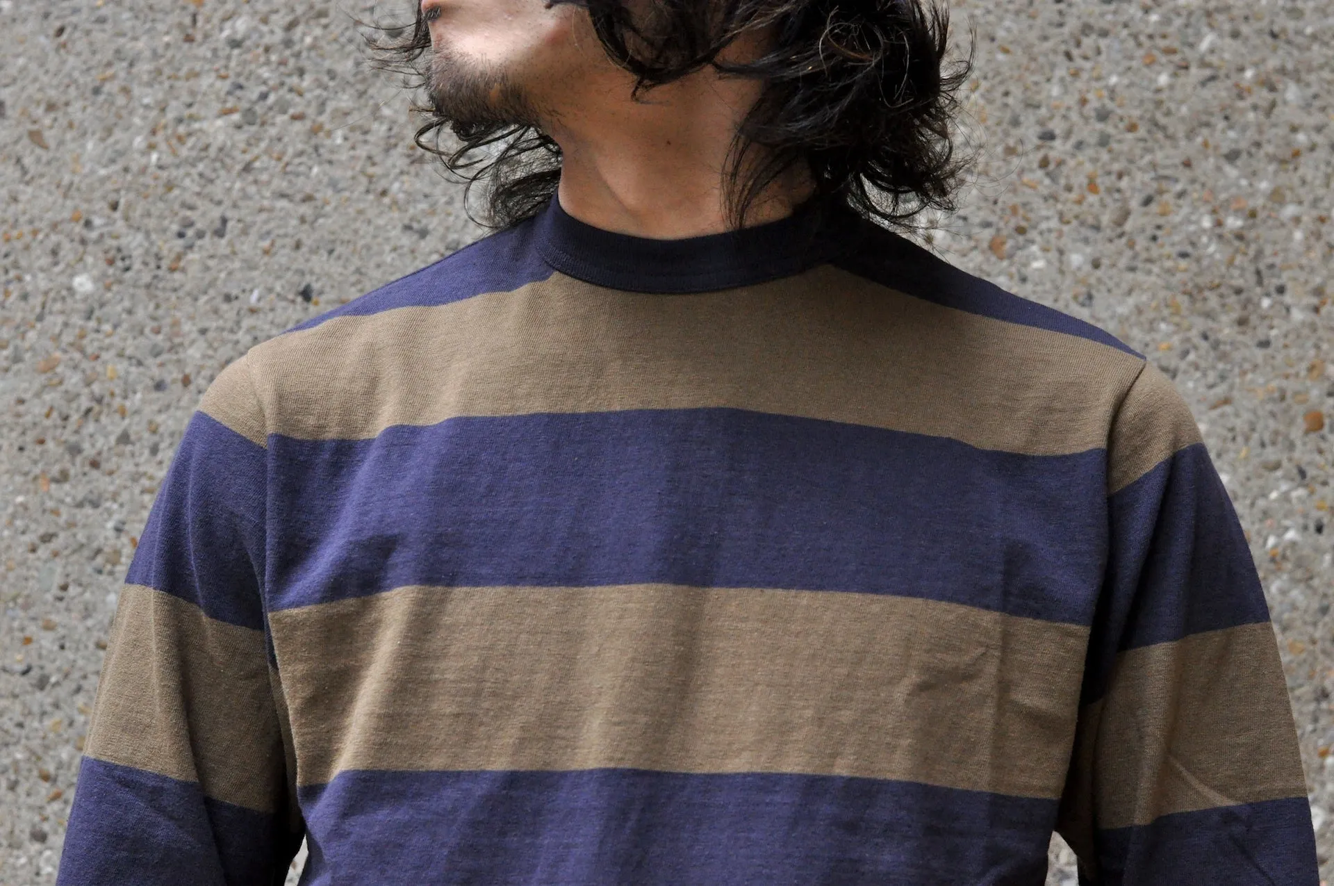 Freewheelers 6.5oz "Horizontal Striped" L/S Border Tee (Old Navy X Gray Khaki)
