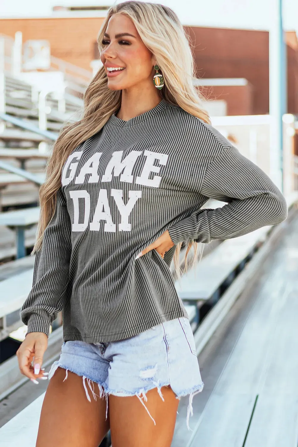 GAME DAY Textured Round Neck Long Sleeve Top