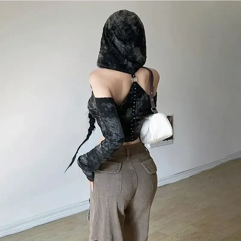 Gothic-Chic Y2K Full Zip Jacket with Off-Shoulder Cut