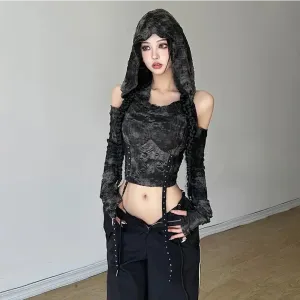 Gothic-Chic Y2K Full Zip Jacket with Off-Shoulder Cut