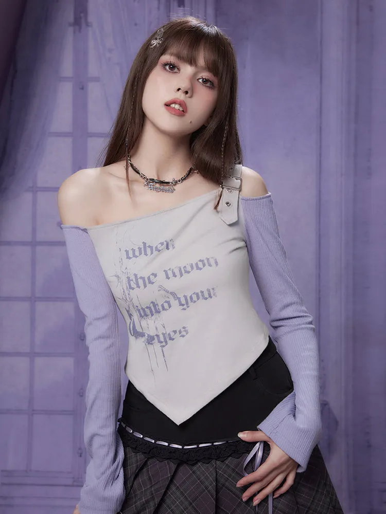 Graphic Print Off-Shoulder Long Sleeves Irregular T-Shirt 【s0000011934】