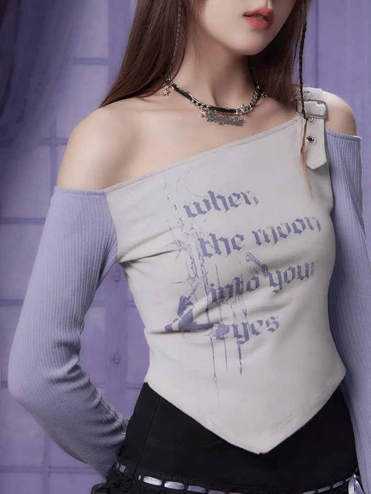 Graphic Print Off-Shoulder Long Sleeves Irregular T-Shirt 【s0000011934】