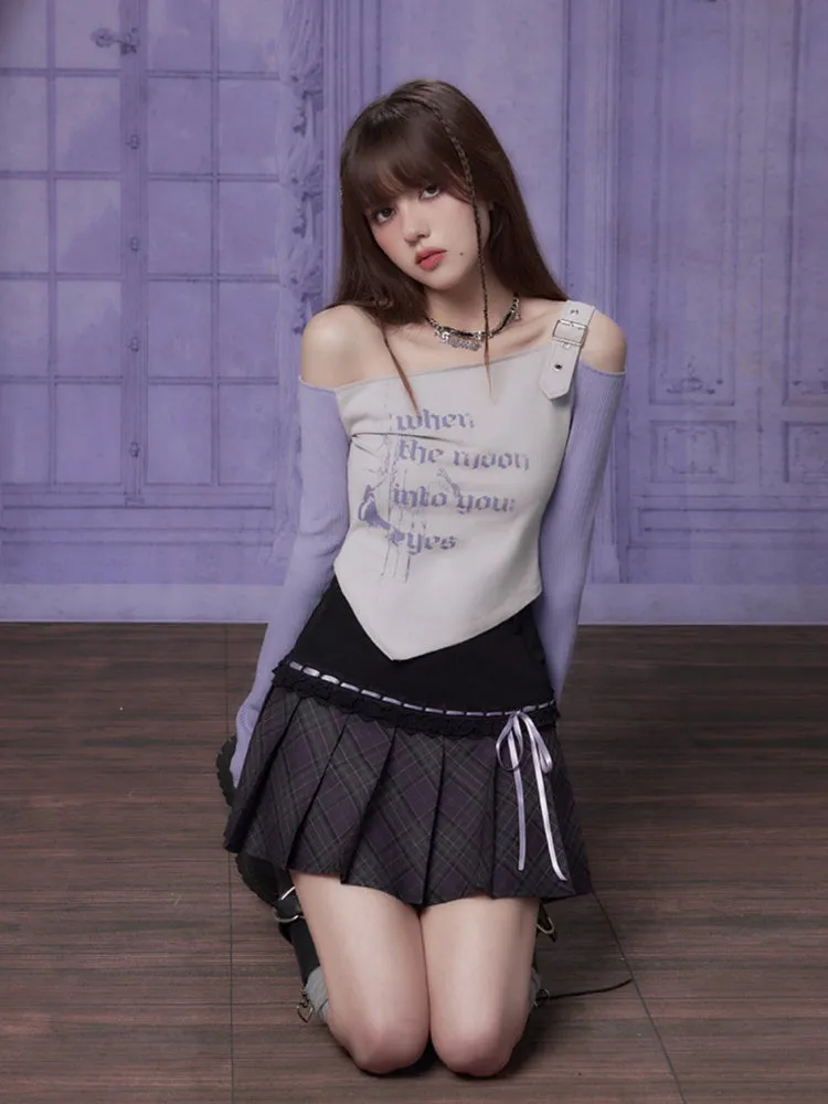 Graphic Print Off-Shoulder Long Sleeves Irregular T-Shirt 【s0000011934】