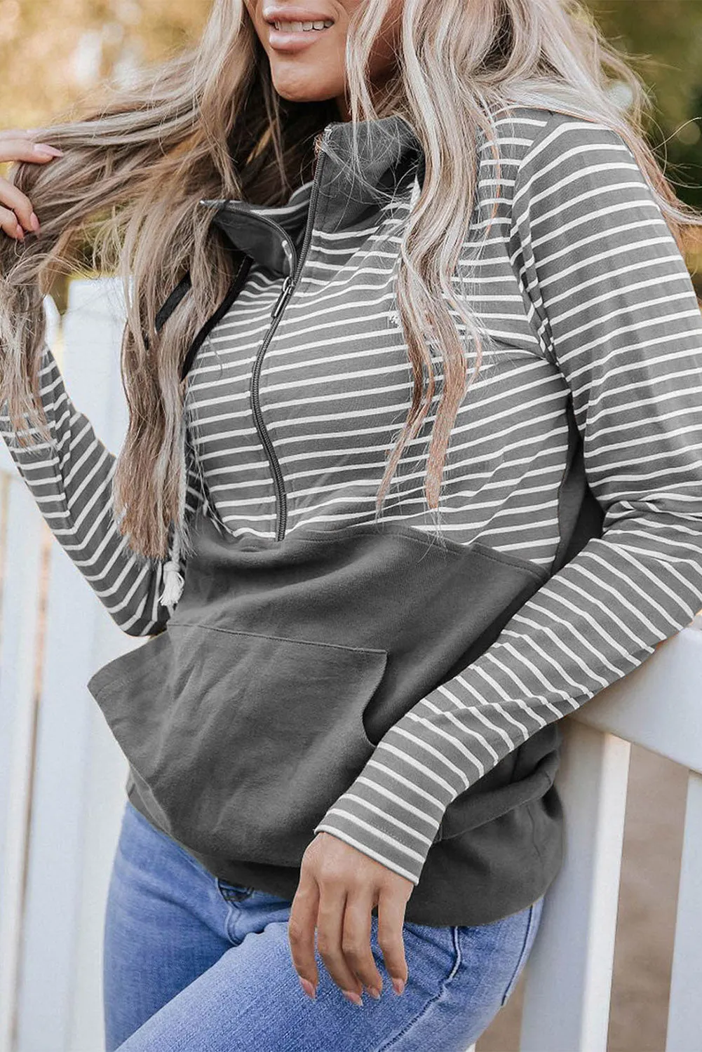 Gray Striped Color Block Patchwork Thumbhole Sleeve Hoodie