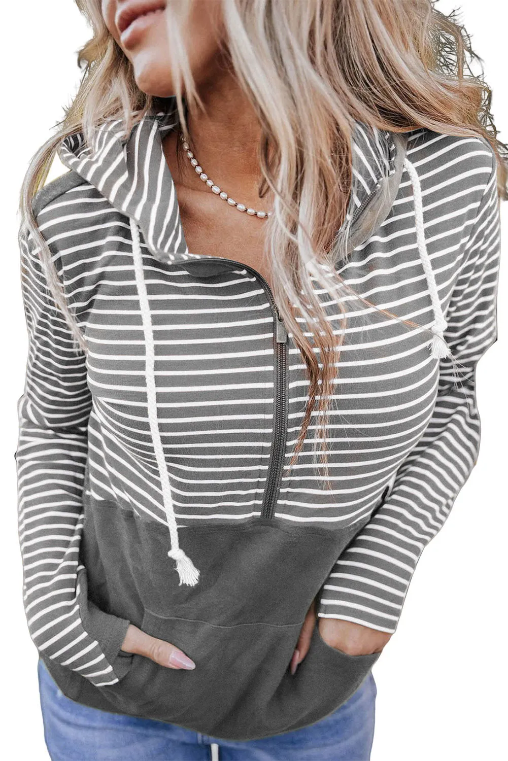 Gray Striped Color Block Patchwork Thumbhole Sleeve Hoodie