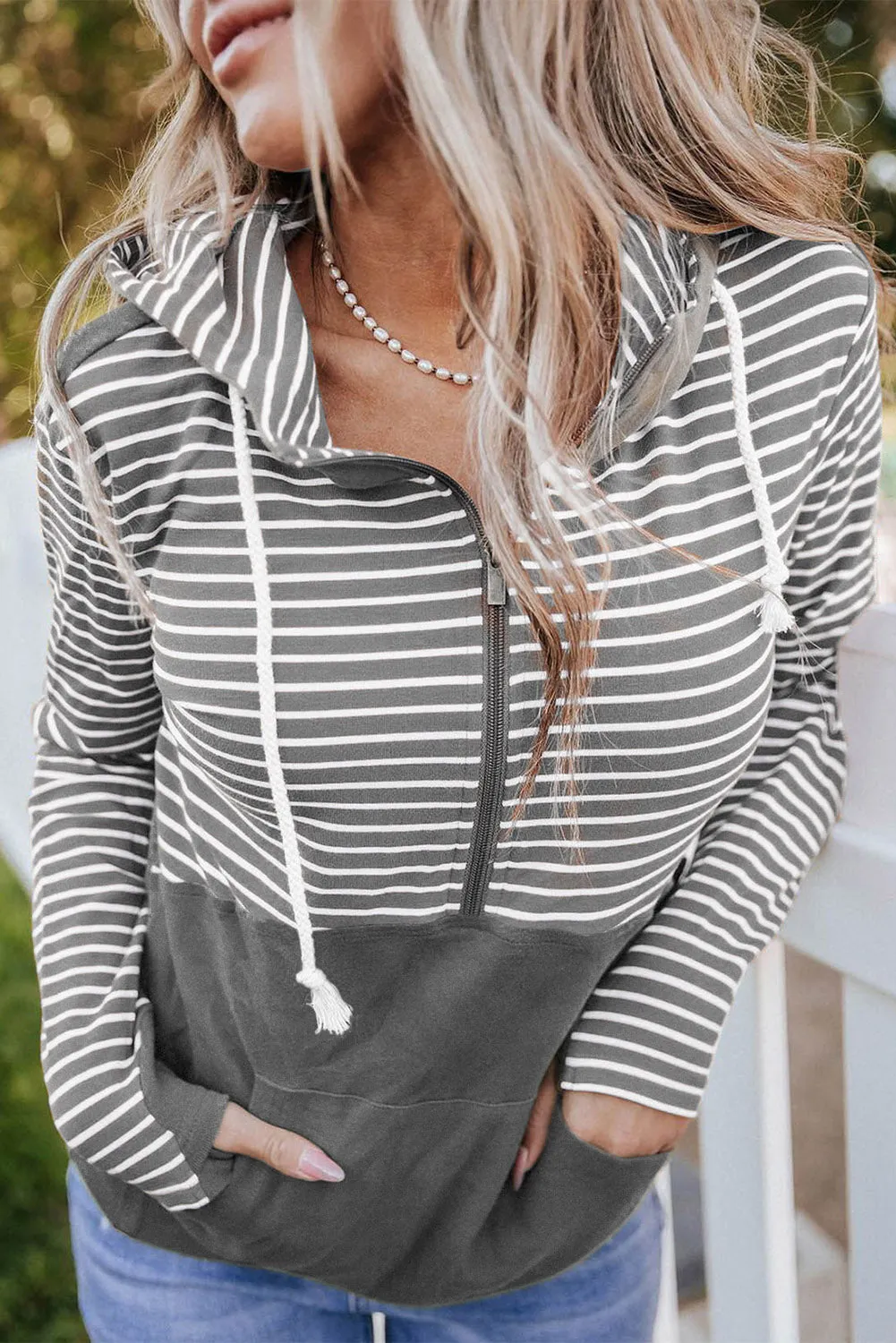 Gray Striped Color Block Patchwork Thumbhole Sleeve Hoodie