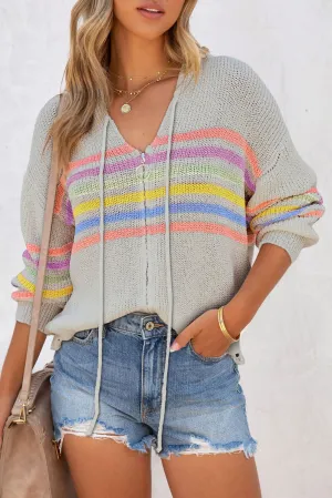 Gray Striped Detail Zip Up Hooded Sweater Cardigan