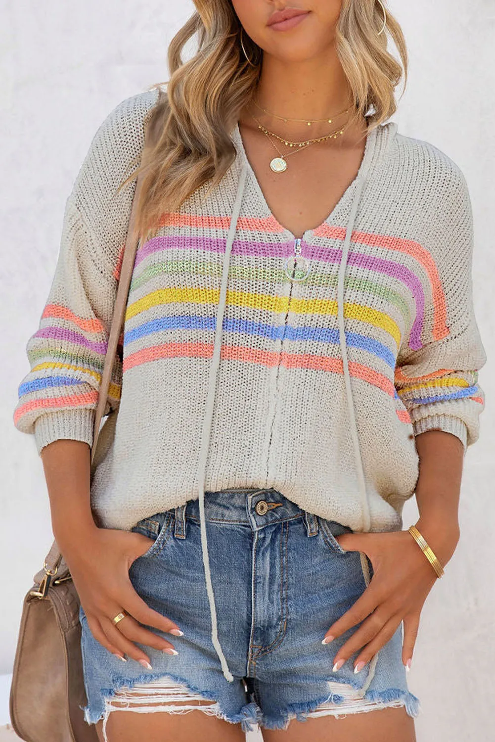 Gray Striped Detail Zip Up Hooded Sweater Cardigan