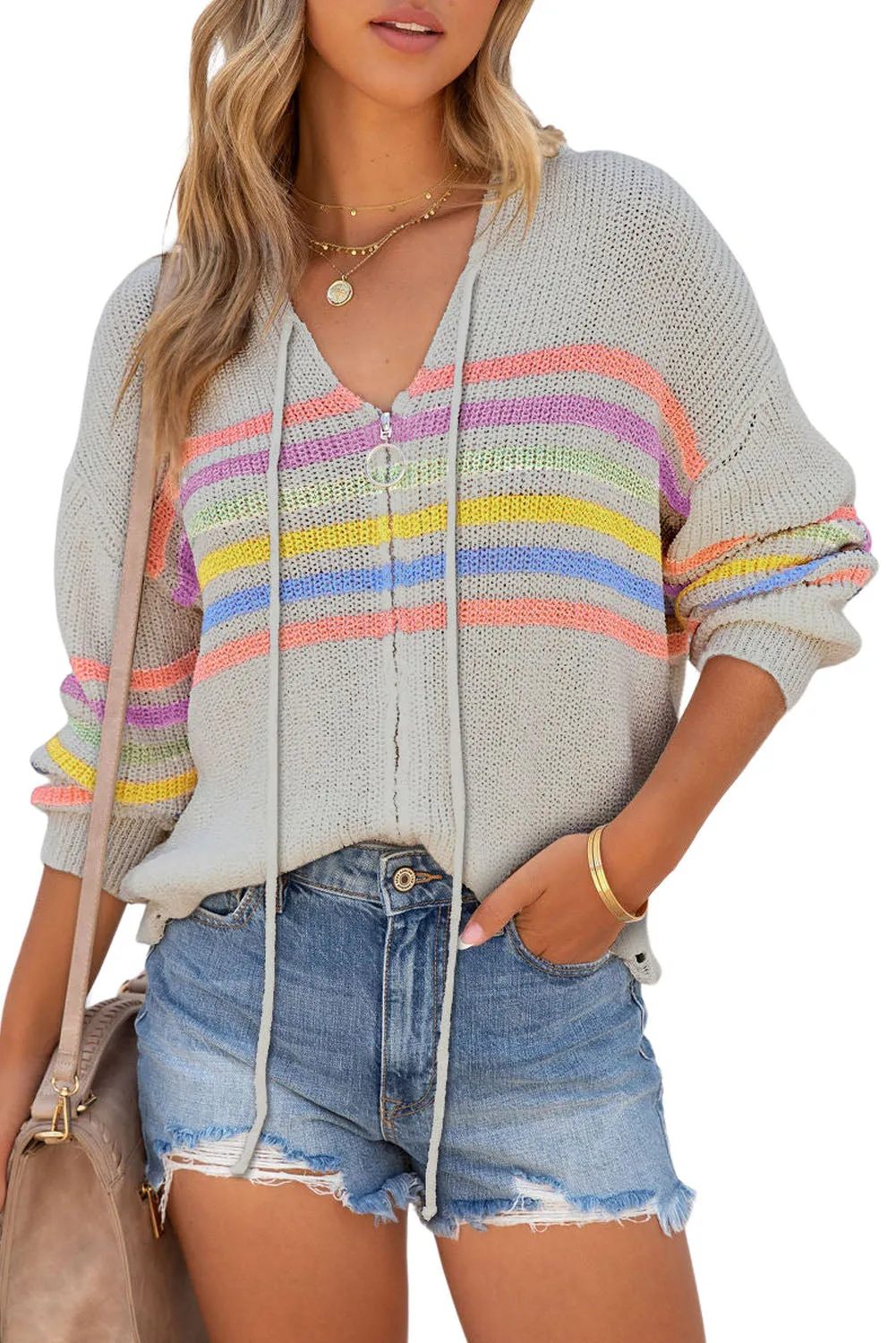 Gray Striped Detail Zip Up Hooded Sweater Cardigan