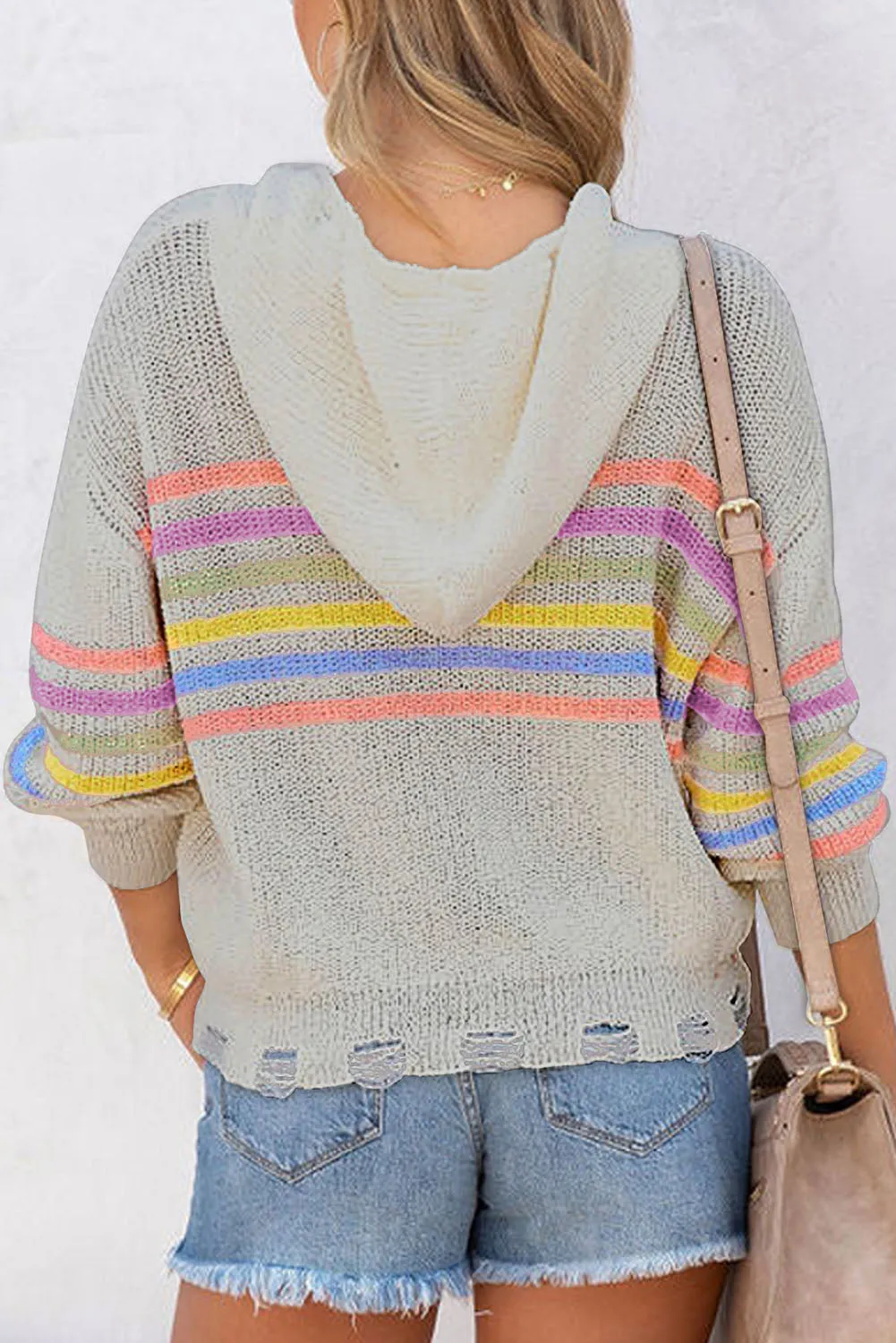 Gray Striped Detail Zip Up Hooded Sweater Cardigan