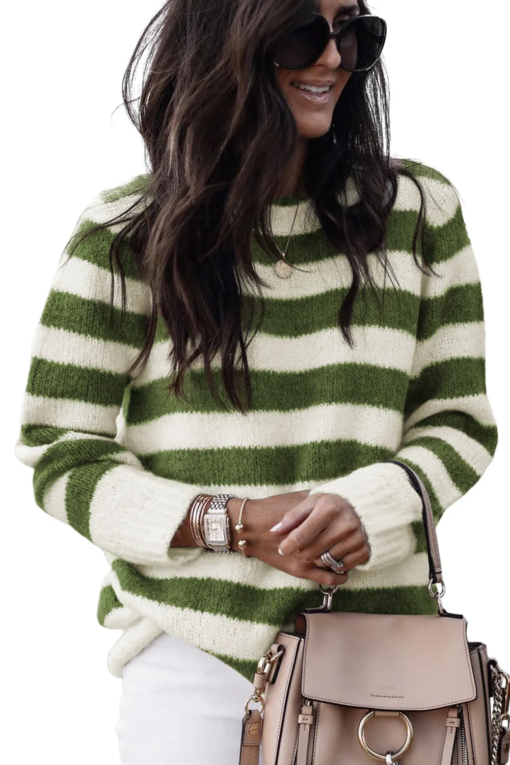 Green Brown Striped Long Sleeve Casual Sweater