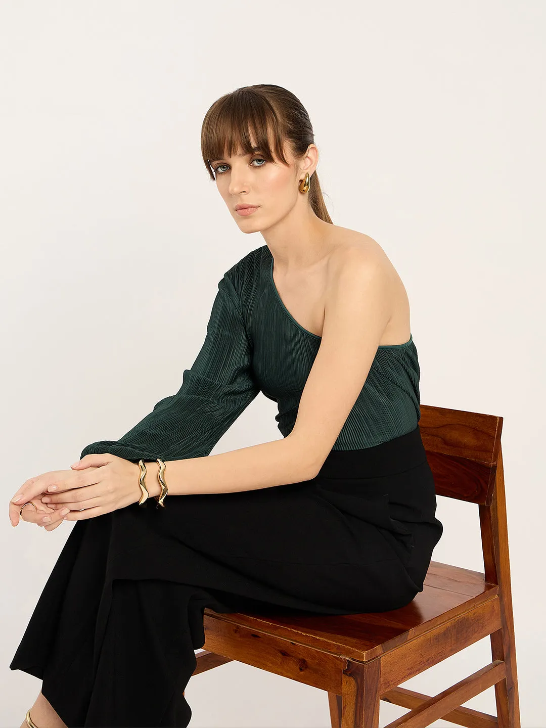 Green Plisse One Shoulder Top