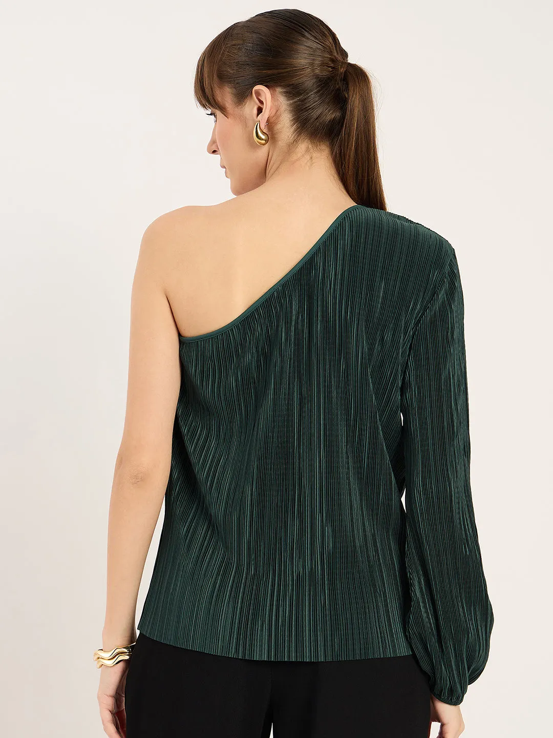Green Plisse One Shoulder Top