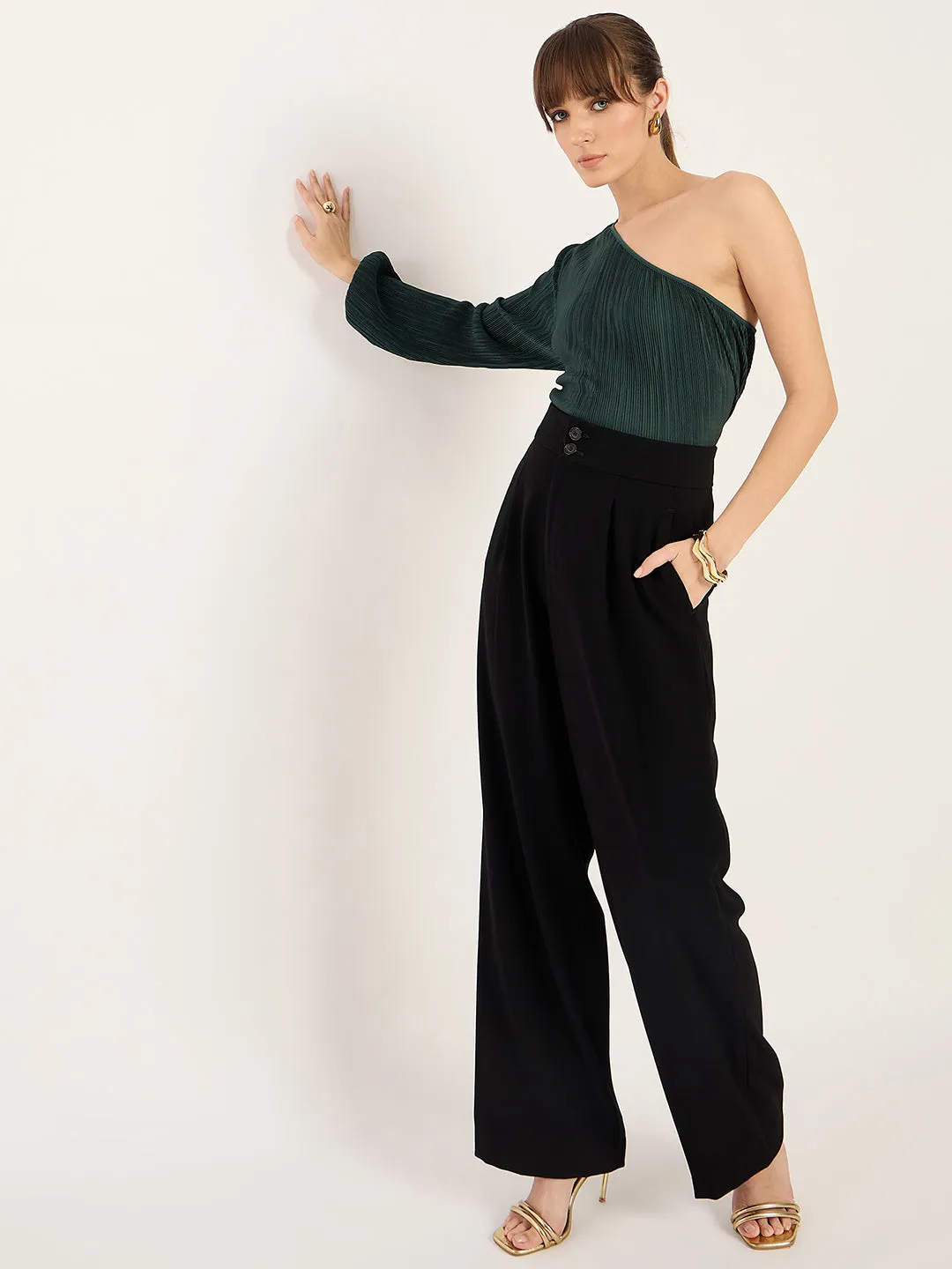Green Plisse One Shoulder Top