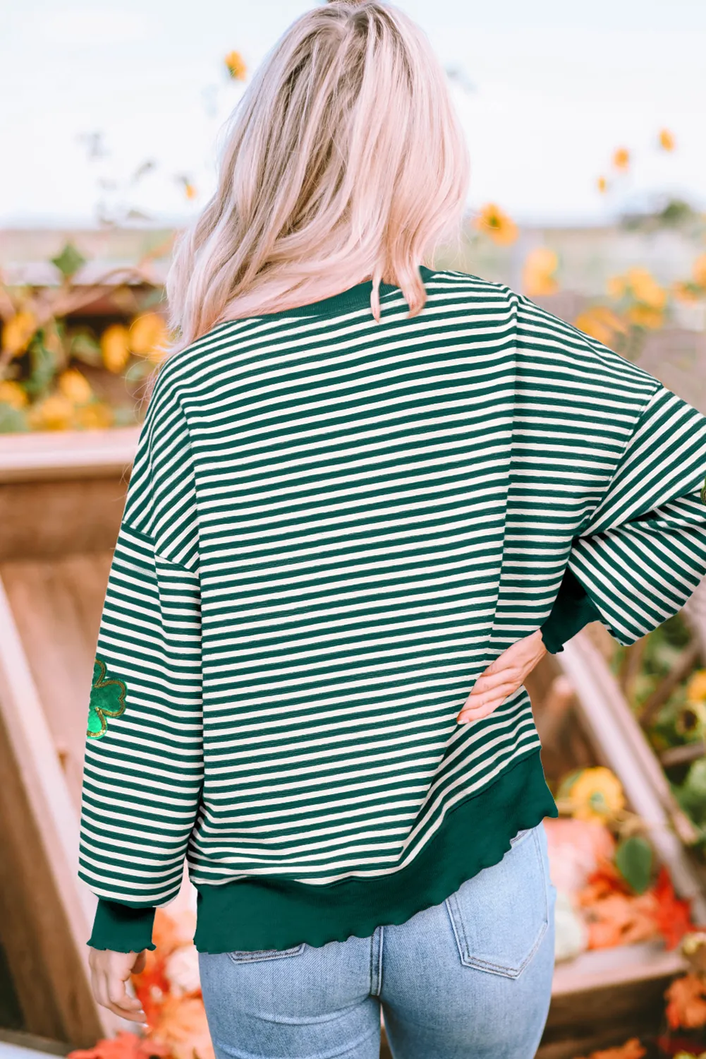 Green Stripe Four Leaf Clover Pattern St Patricks Drop Shoulder Sweatshirt