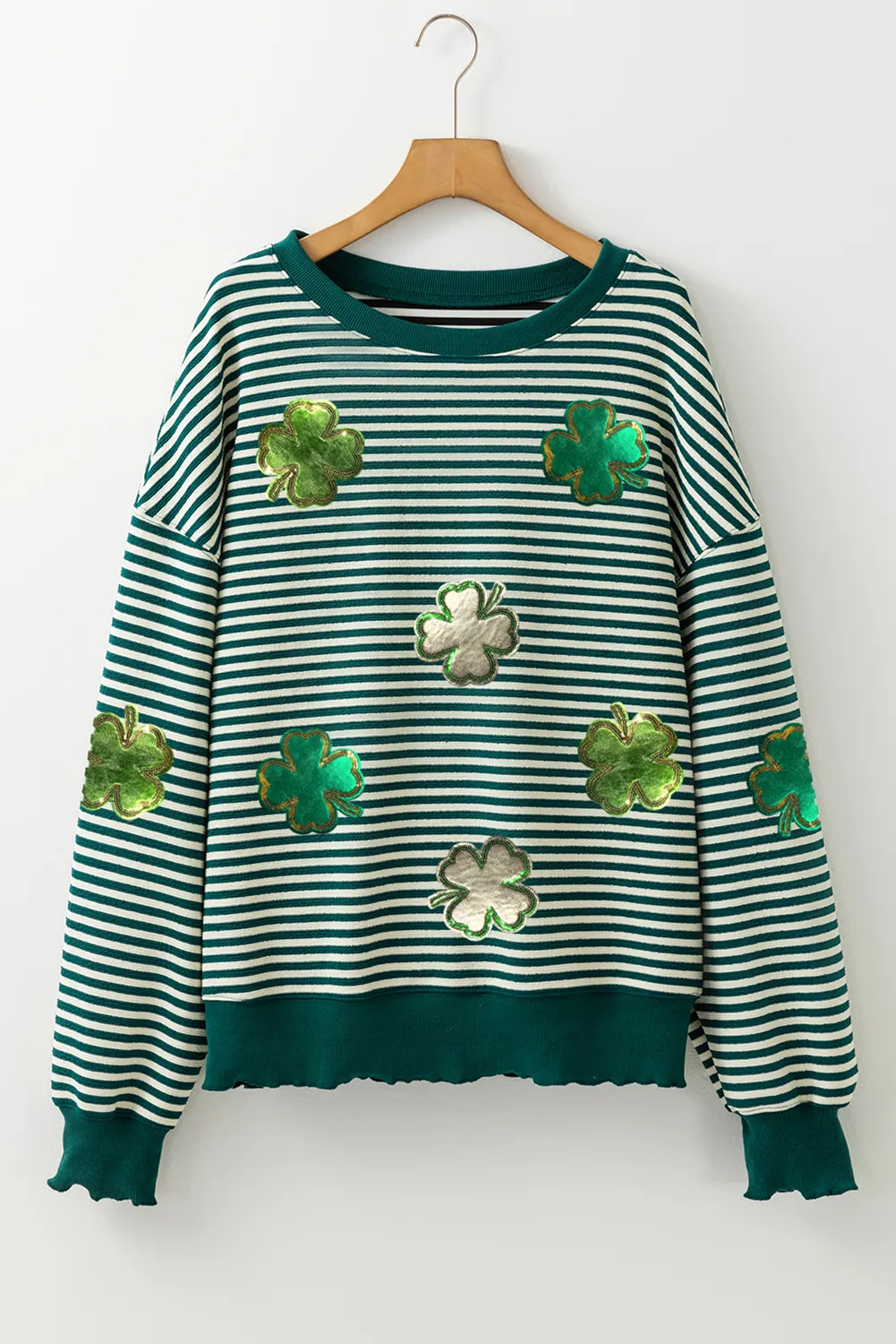 Green Stripe Four Leaf Clover Pattern St Patricks Drop Shoulder Sweatshirt