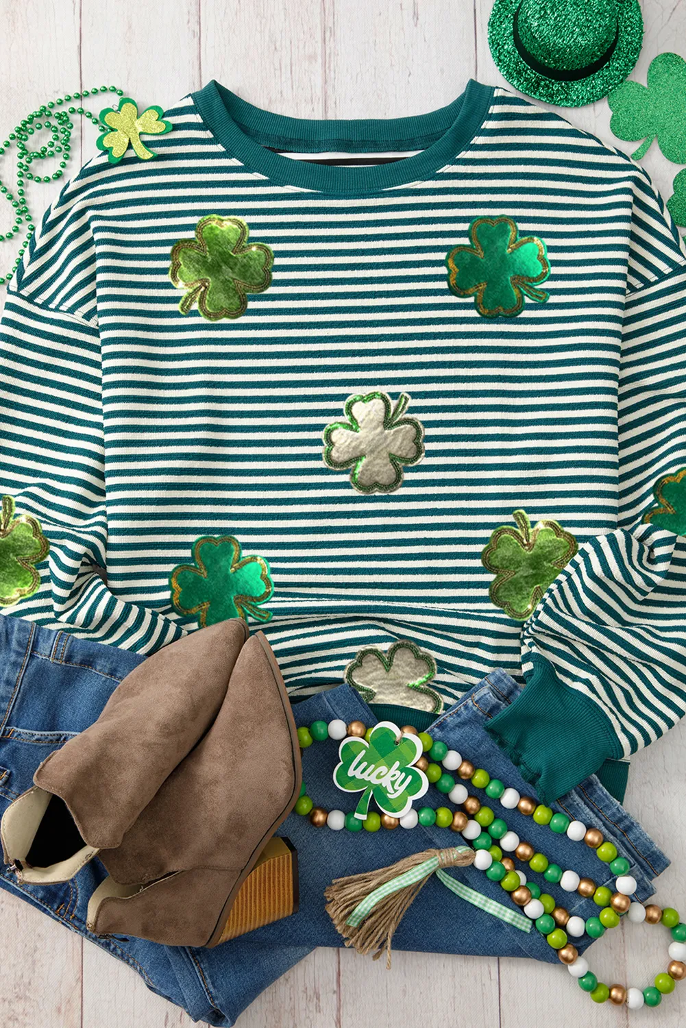 Green Stripe Four Leaf Clover Pattern St Patricks Drop Shoulder Sweatshirt
