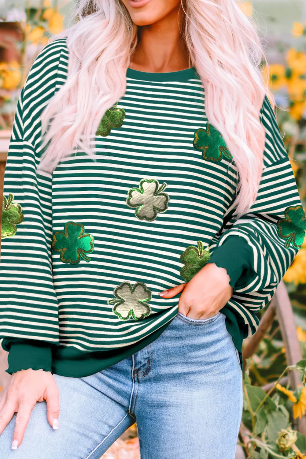 Green Stripe Four Leaf Clover Pattern St Patricks Drop Shoulder Sweatshirt
