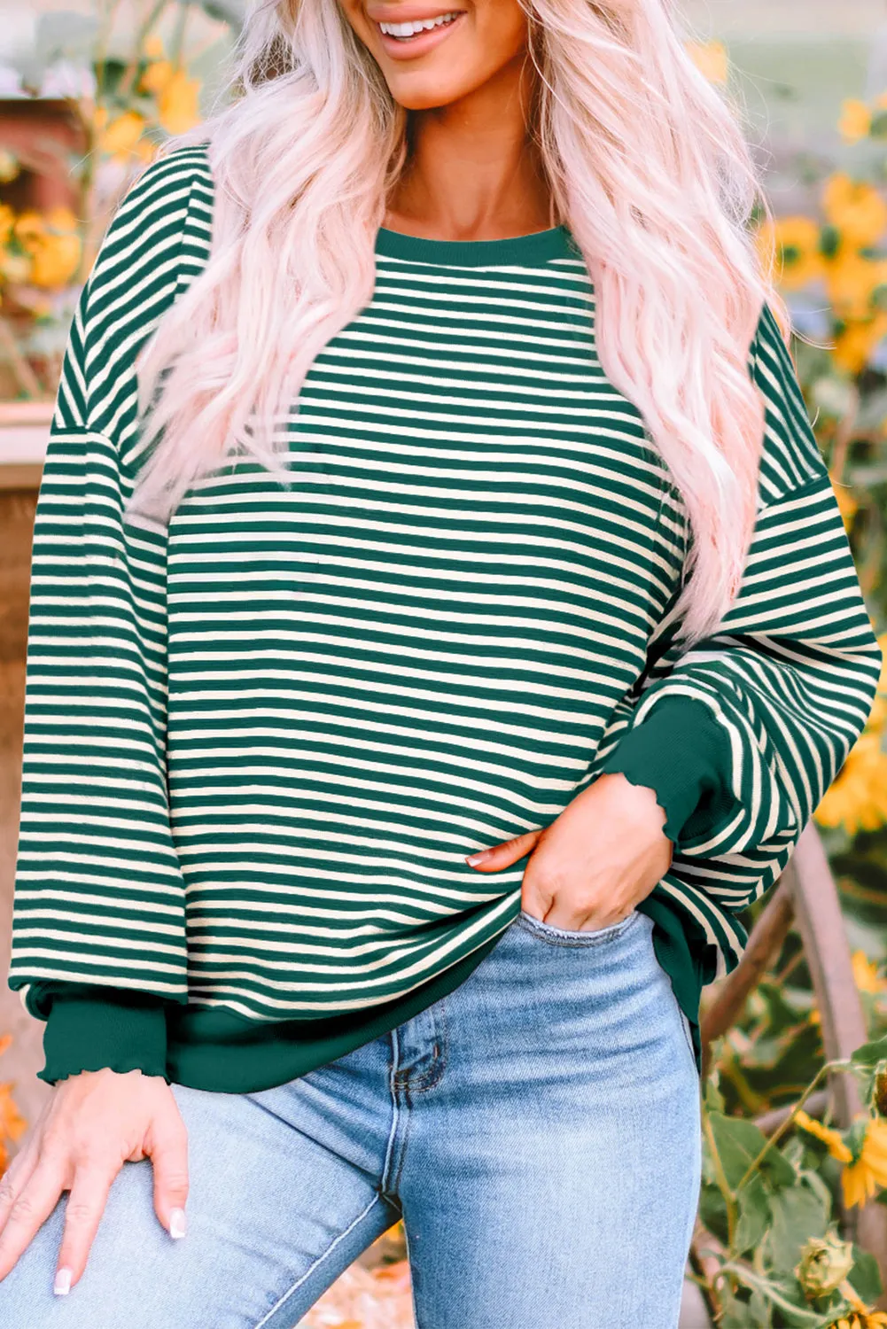 Green Stripe Nutcracker Doll Patched Drop Shoulder Long Sleeve Top