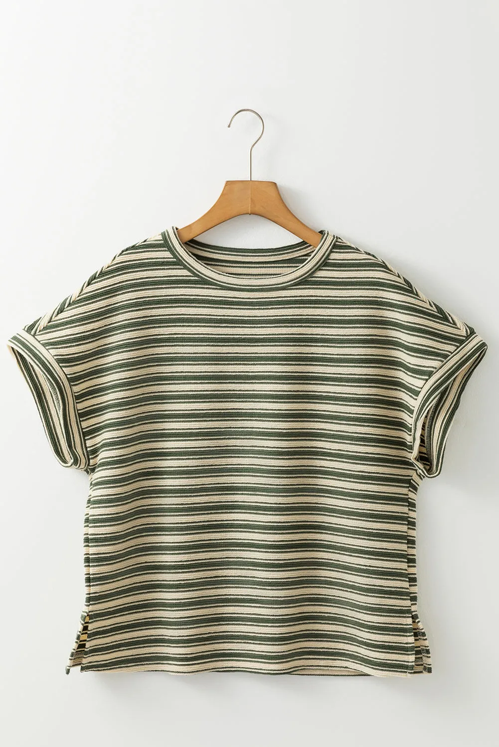 Green Stripe Textured Side Slits Crew Neck T Shirt