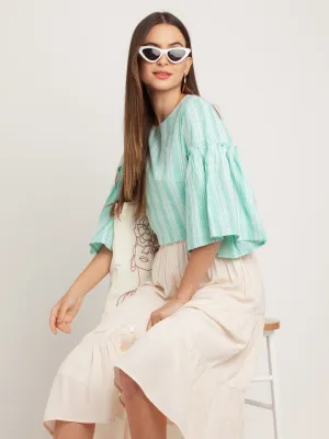 Green Striped Gathered Top