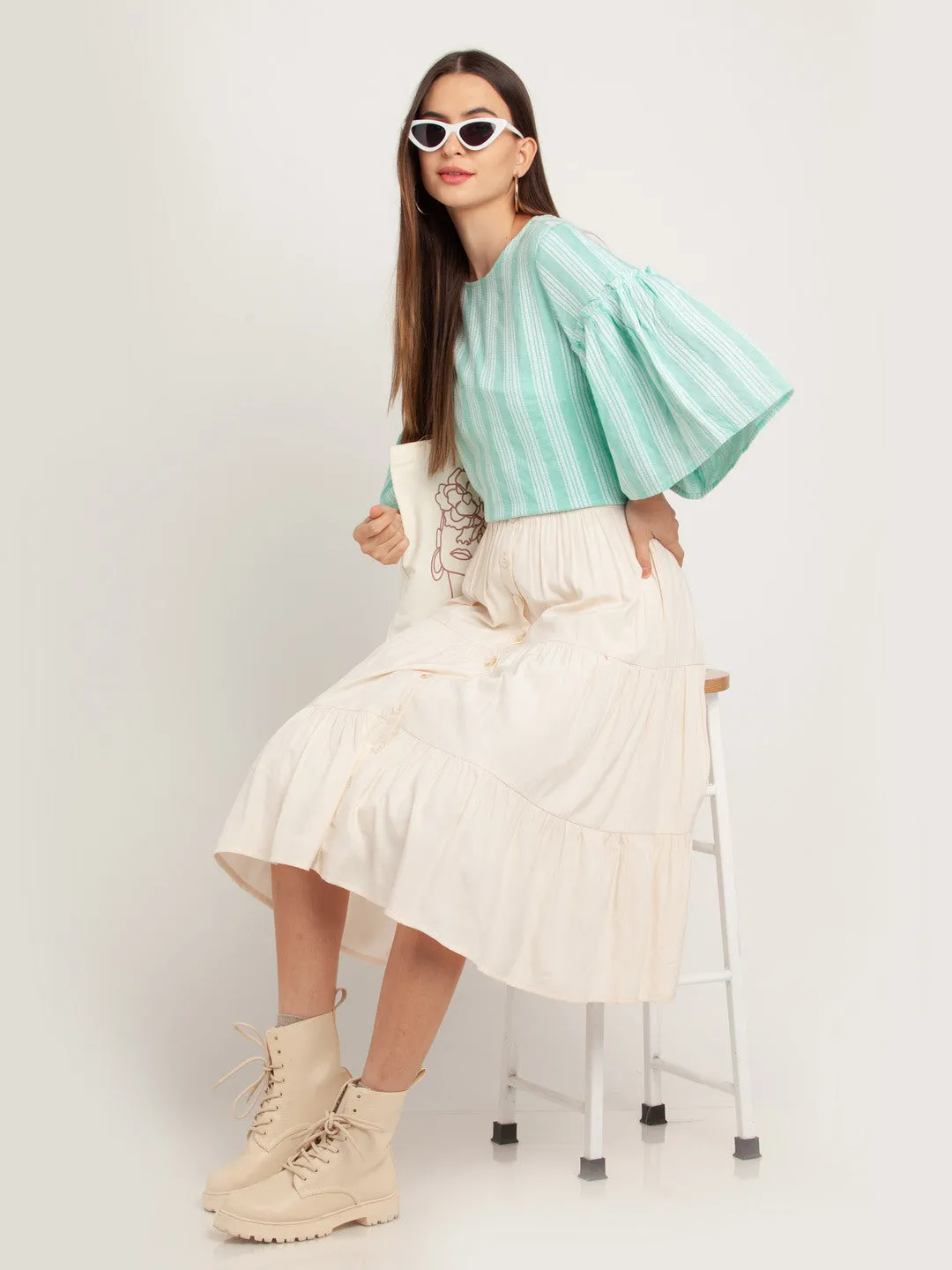 Green Striped Gathered Top