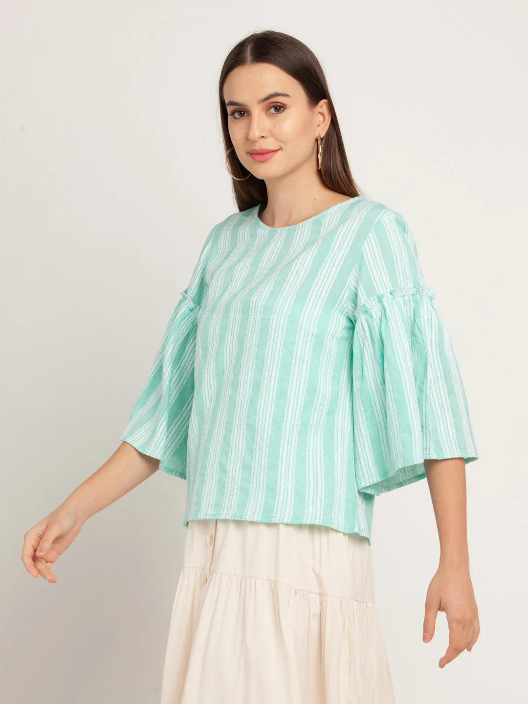 Green Striped Gathered Top