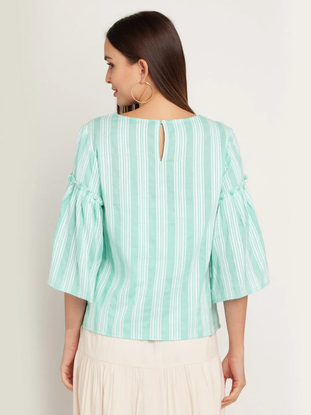 Green Striped Gathered Top
