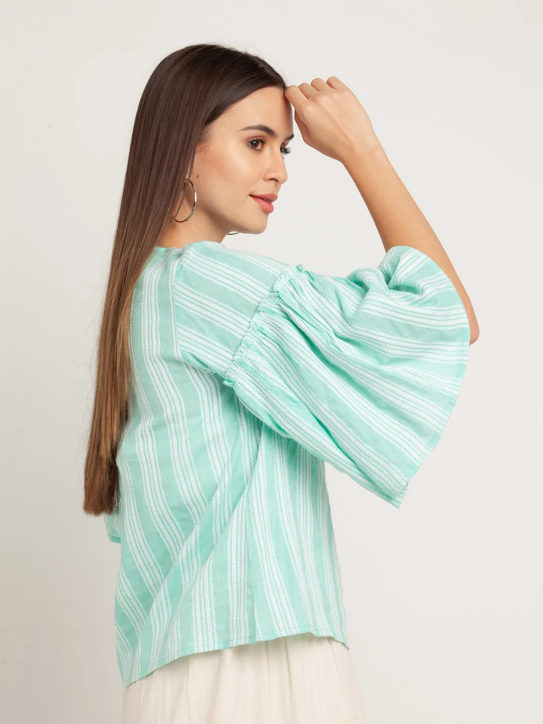 Green Striped Gathered Top