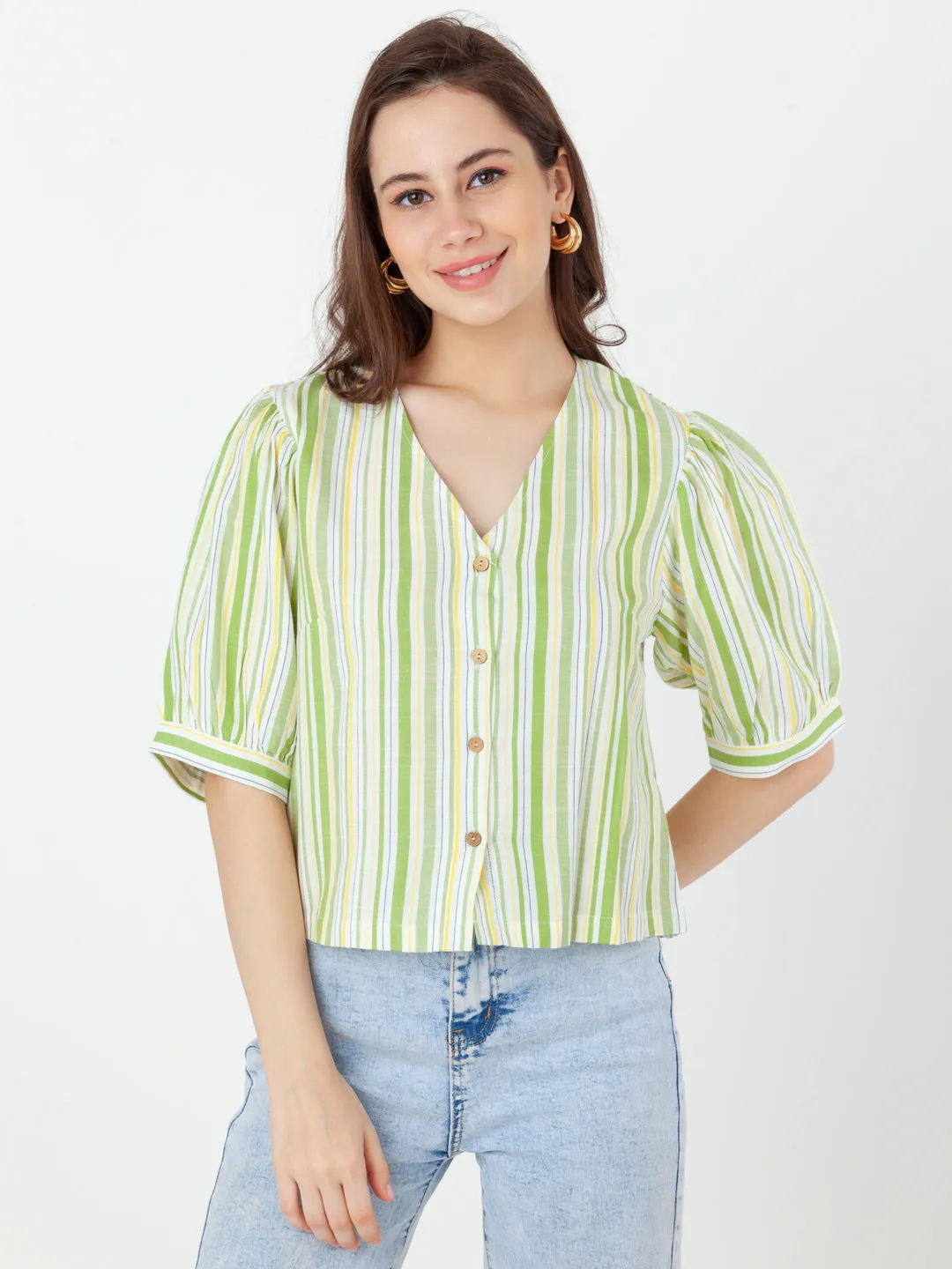 Green Striped Regular Top