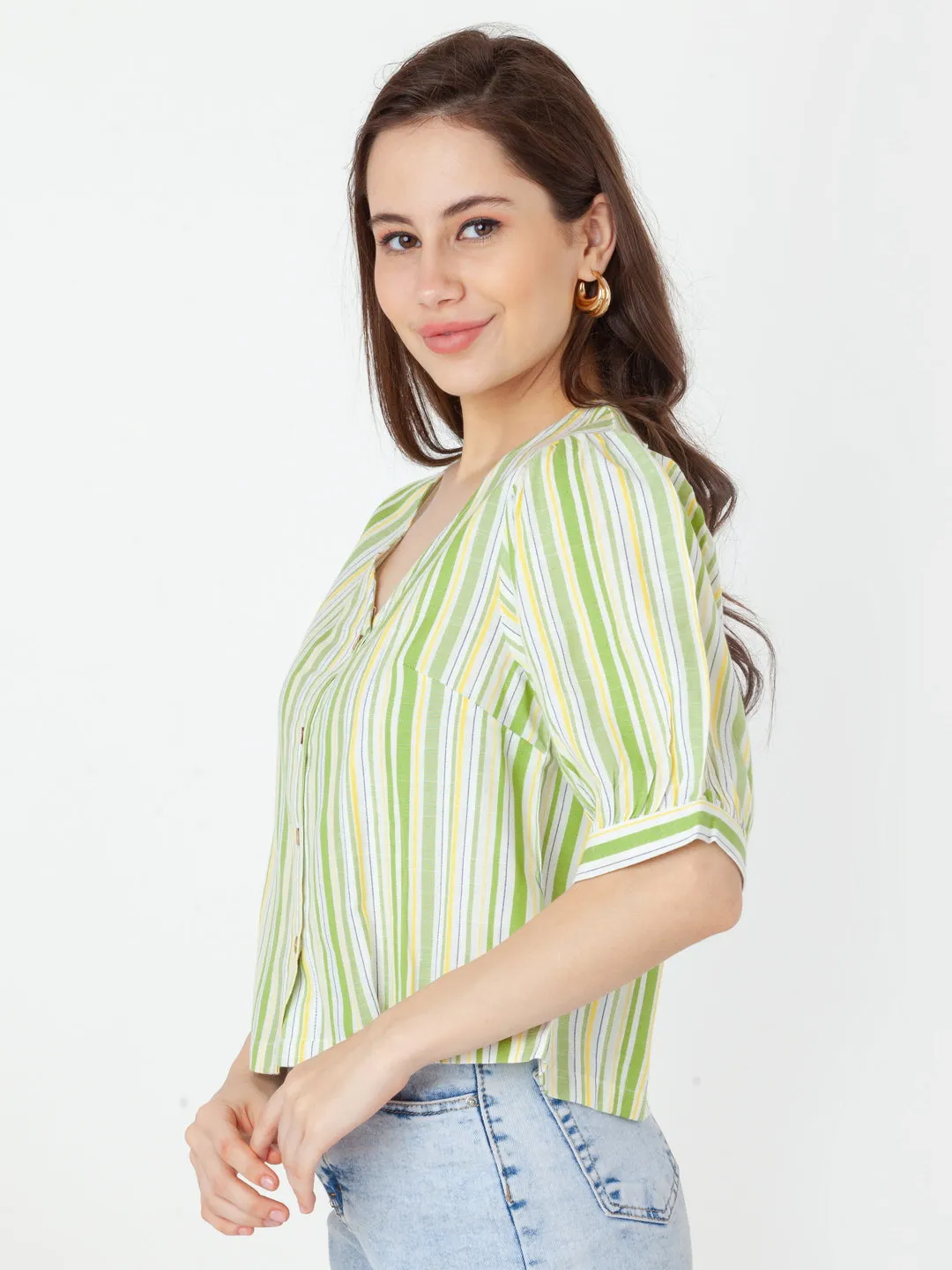 Green Striped Regular Top
