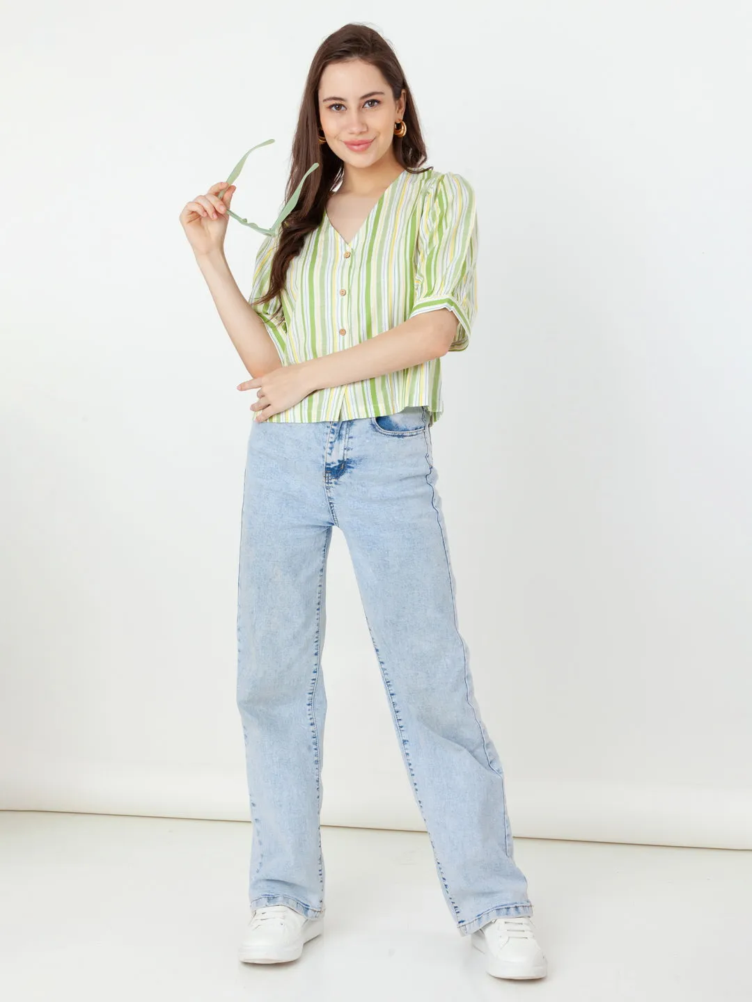 Green Striped Regular Top